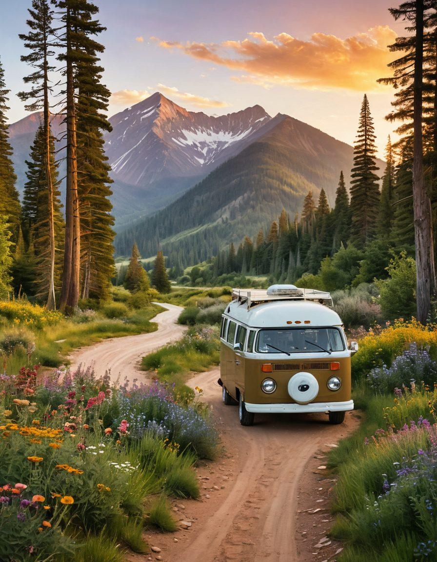 A winding backroad surrounded by lush greenery and tall trees, leading into a distant mountain range. Include a vintage camper van parked by the roadside with an open door showing camping gear and adventure maps. The sky is painted with warm hues of sunset, creating an inviting atmosphere for exploration. Capture the spirit of adventure with scattered wildflowers and a hint of a winding river in the background. painterly style. warm color palette. 3D depth.
